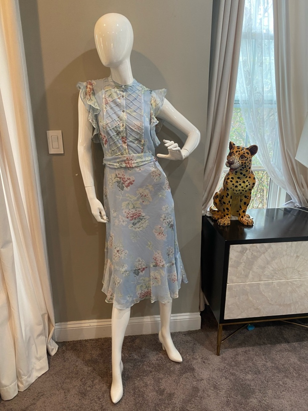 Lauren Ralph Lauren Light Blue Floral Side Zip Ruffle Midi Dress EUC 2